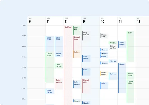 Another view of a digital calendar interface showing a week with time slots populated by events in different colors. Tasks are marked with their duration, showing a mix of personal and work-related events, such as "Visit Joe" and "Production." The clean design emphasizes schedule clarity.