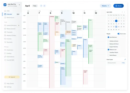 Another view of a digital calendar interface showing a week with time slots populated by events in different colors. Tasks are marked with their duration, showing a mix of personal and work-related events, such as "Visit Joe" and "Production." The clean design emphasizes schedule clarity.