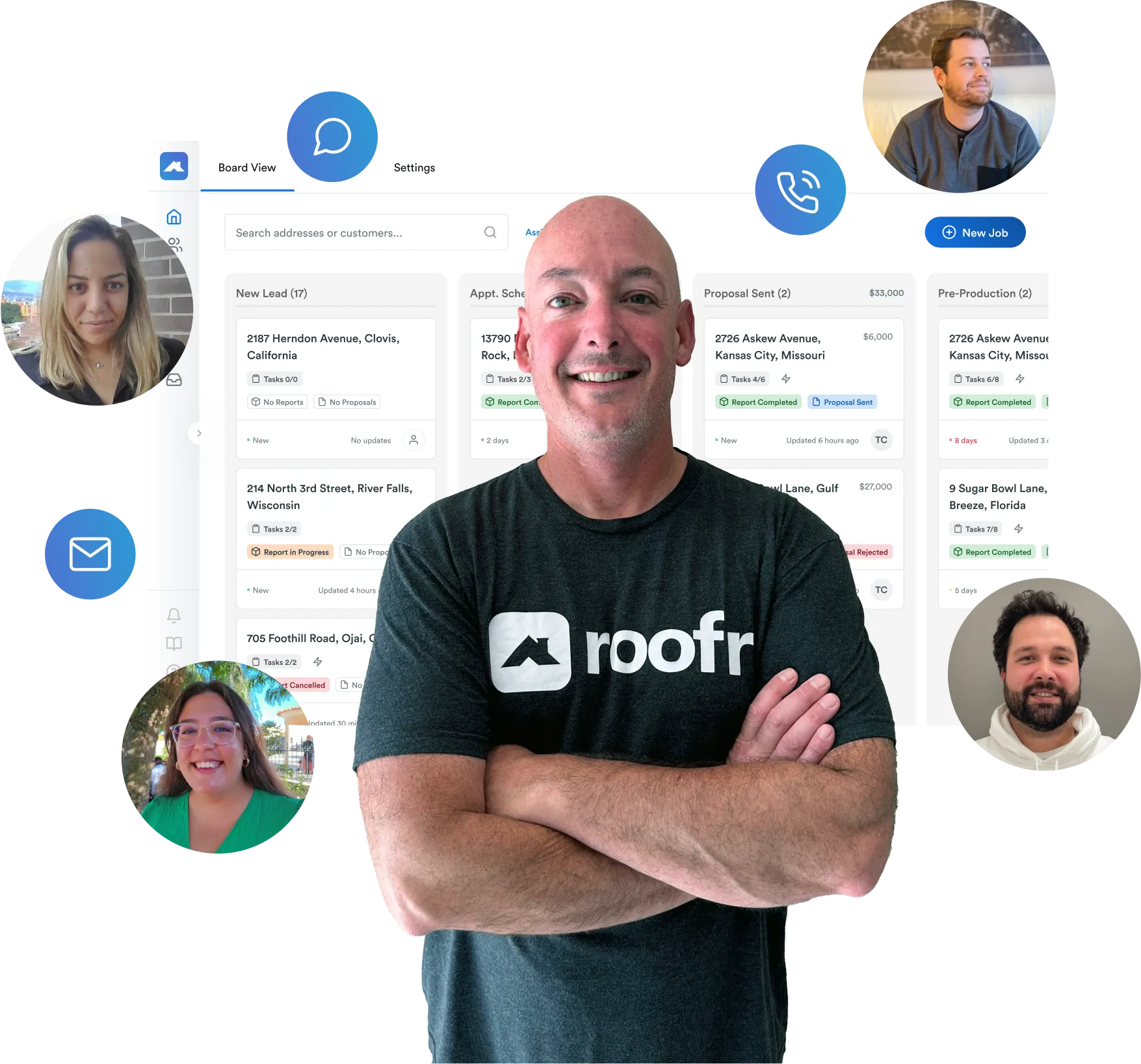 A smiling person wearing a Roofr-branded t-shirt stands in front of a digital interface displaying a project management dashboard. Surrounding them are profile images of team members, along with icons representing communication methods like chat, email, and phone.