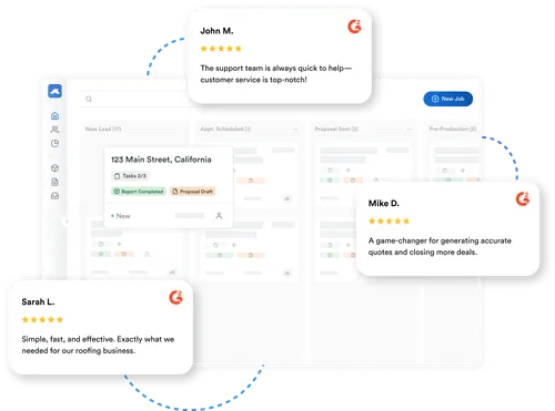 Illustration of the Roofr platform interface with three floating G2 customer review cards. Reviews from John M., Mike D., and Sarah L. highlight support, accuracy, and efficiency. G2 logo is displayed on each review.
