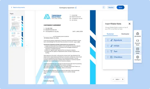 A digital document editor displaying a contingency agreement for Timmerman Industries. The screen shows a PDF document with company branding on the left and editable fields like signature, initials, text, and checkbox options on the right. Navigation options include buttons for "Preview" and "Send," and a sidebar for managing job details and dynamic fields.