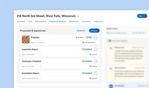 A job overview interface for a property at 214 North 3rd Street, River Falls, Wisconsin. The "Proposals & signatures" tab is selected, showing signed documents including a proposal, inspection report, contractor checklist, and completion report. Each entry shows its status, date signed, and associated document type or material.