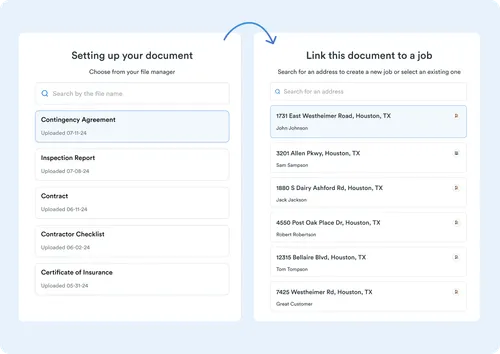 A two-panel interface for setting up and linking documents. The left panel shows a list of uploaded documents such as Contingency Agreement and Inspection Report. The right panel displays a list of job addresses and contact names to link the selected document to a job.