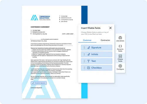 A PDF document editor interface showing a contingency agreement from Timmerman Industries. On the right, a panel labeled “Insert fillable fields” offers options for Signature, Initials, Text, and Checkbox fields. The document content is displayed on the left, with the company logo and contact information at the top.