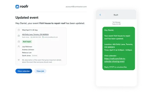 Updated calendar event notification showing an email and text message confirming a roofing job appointment with address, time, and contact info.