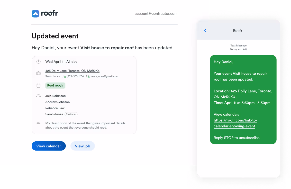 Updated calendar event notification showing an email and text message confirming a roofing job appointment with address, time, and contact info.