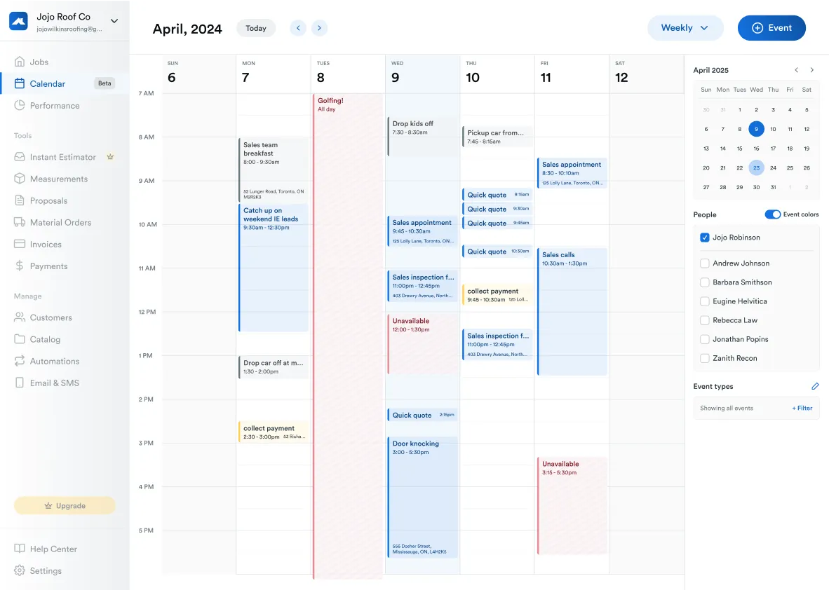 Roofr's calendar feature displayed on a laptop screen, showing scheduled roofing appointments and an organized interface.