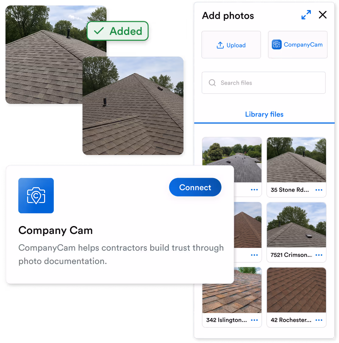 Screenshots of CompanyCam integrated with a roofing photo upload interface. Includes buttons for uploading and selecting CompanyCam photos, a confirmation badge showing "Added," and a CompanyCam connect card stating it helps contractors build trust through photo documentation.