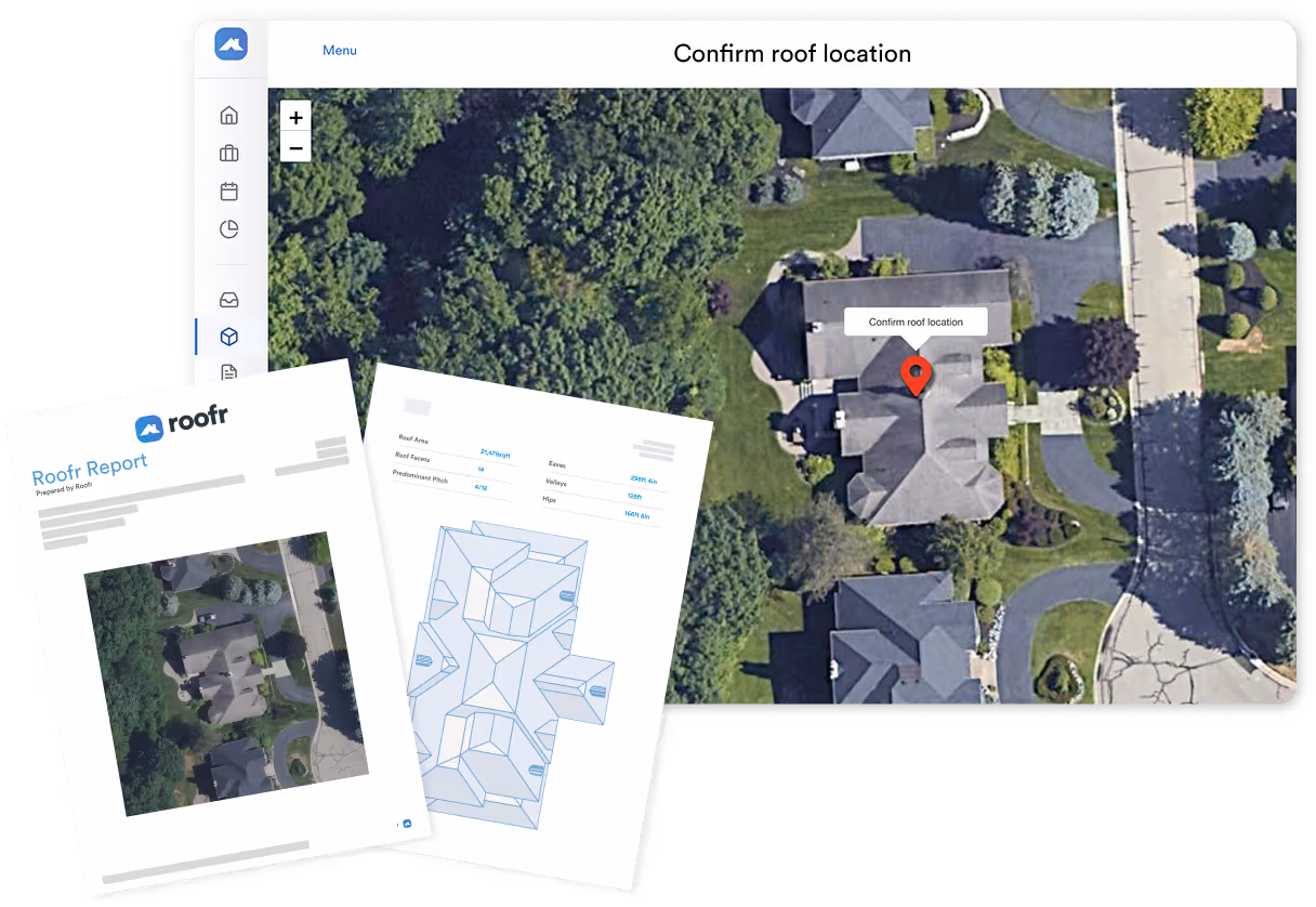 Roofr's aerial measurement report interface showing a satellite view of a house with a red location pin and a prompt to confirm the roof location. Overlayed are two pages from a Roofr Report, one with a top-down photo of the house and another showing a detailed roof diagram.