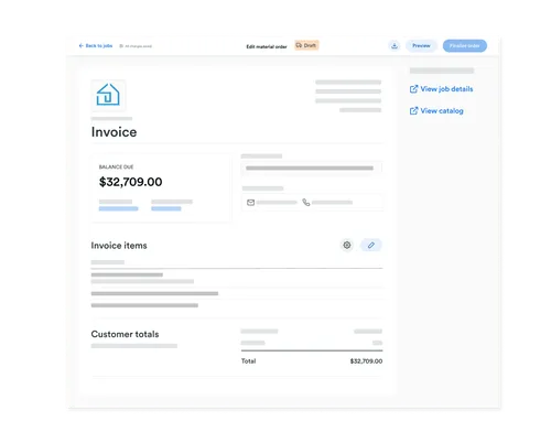 An invoice screen displaying a detailed billing summary for a roofing project. The invoice total is $32,709.00, with itemized costs and options to view job details or catalog.