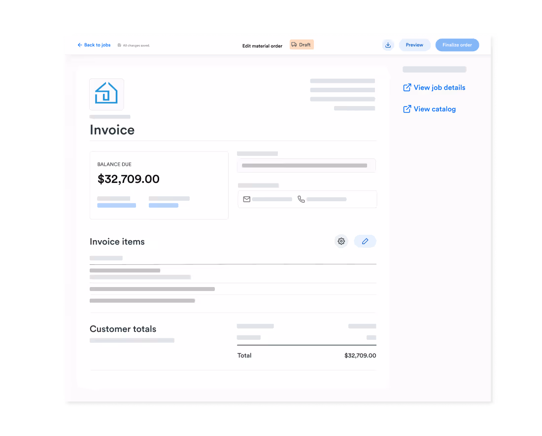 An invoice screen displaying a detailed billing summary for a roofing project. The invoice total is $32,709.00, with itemized costs and options to view job details or catalog.