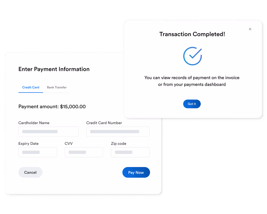 A payment interface where a user can enter credit card or bank details to pay a roofing invoice. A confirmation screen shows a completed transaction with payment tracking options.