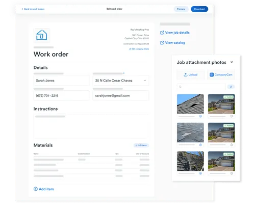 A work order interface showing job details for a roofing project assigned to Sarah Jones. Includes contact info, instructions, materials, and a photo gallery with uploaded job site images.