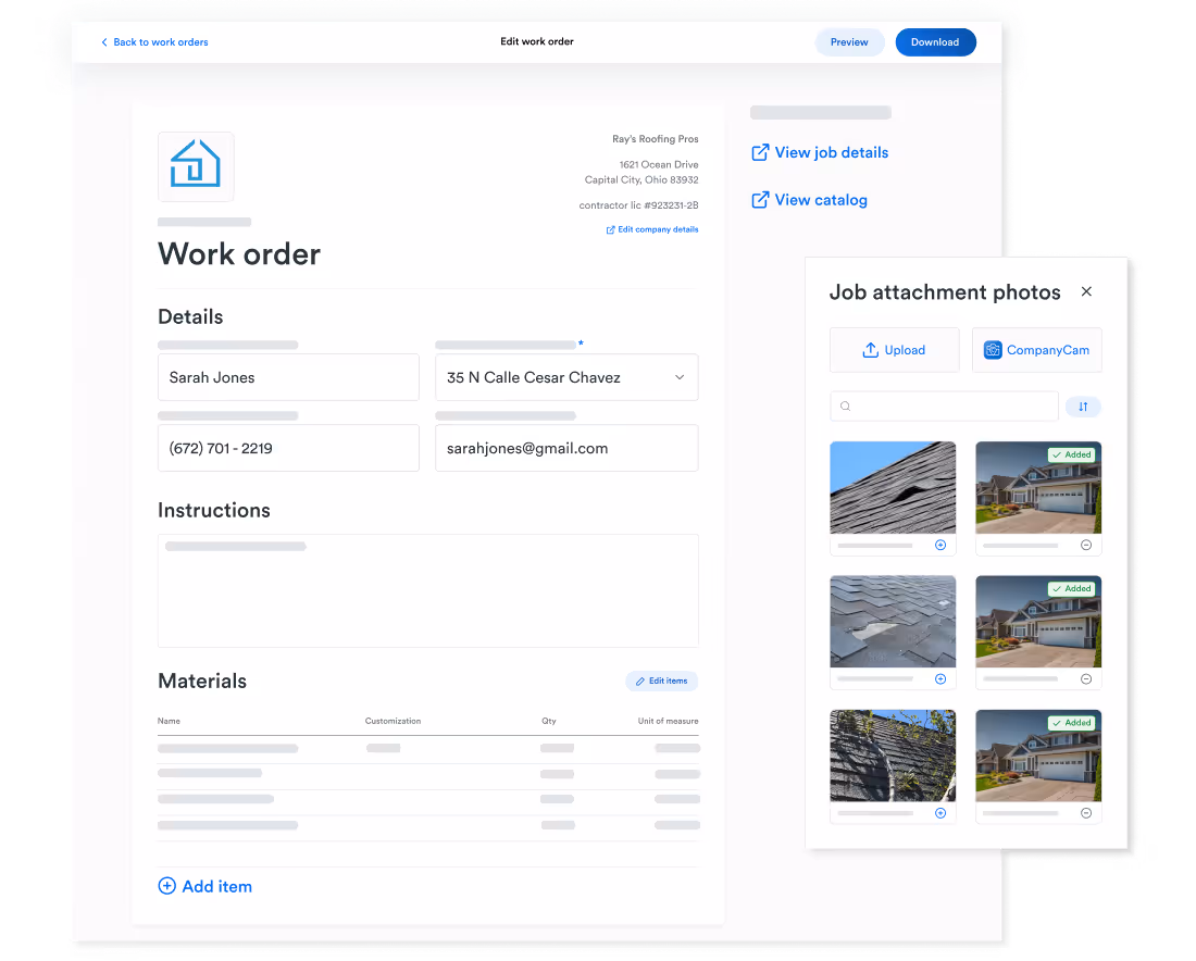 A work order interface showing job details for a roofing project assigned to Sarah Jones. Includes contact info, instructions, materials, and a photo gallery with uploaded job site images.