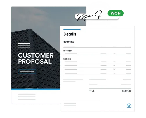 A roofing proposal interface showing a digital customer proposal with itemized estimates for roof repair and materials, including a signature and "WON" status badge indicating job acceptance.
