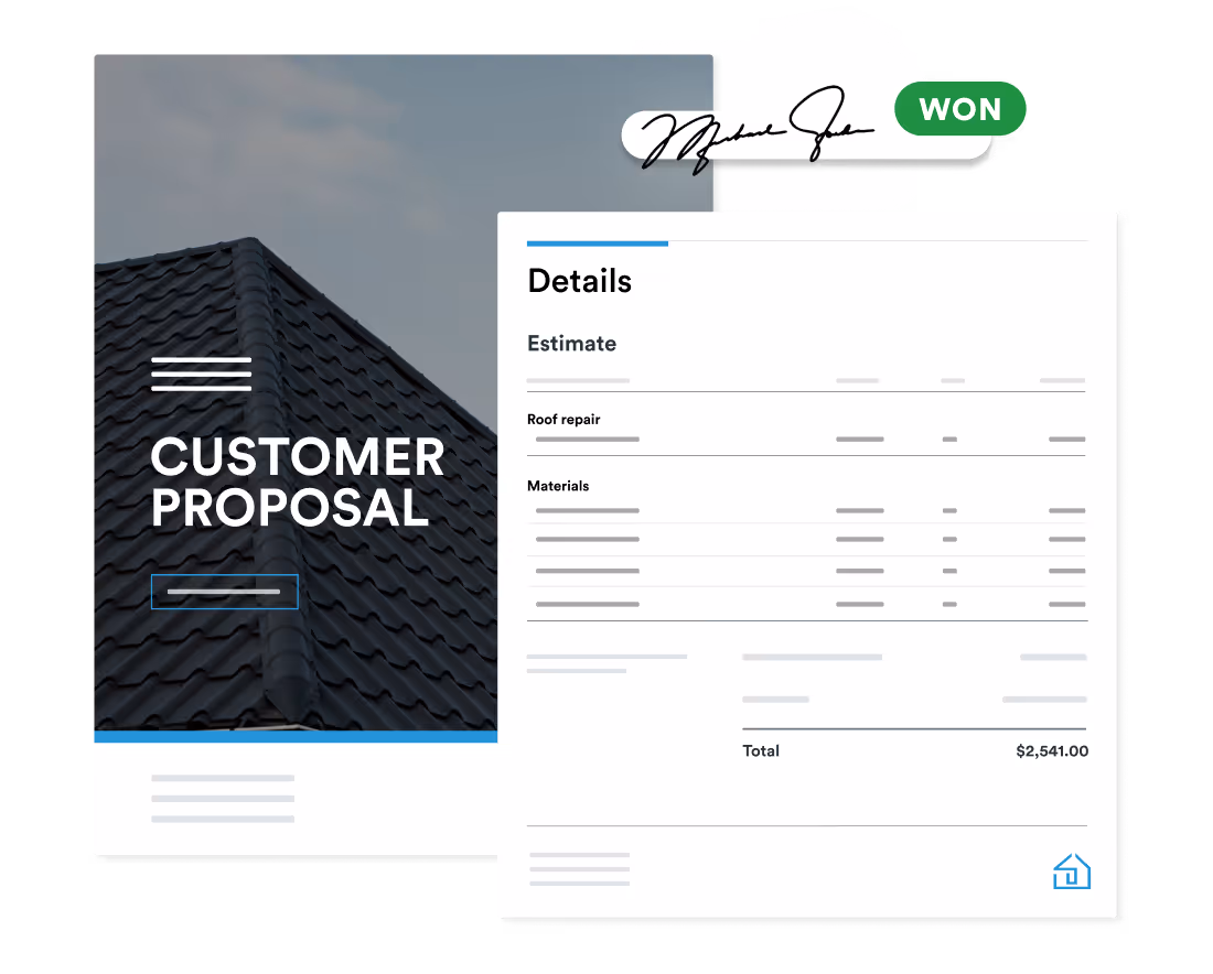 A roofing proposal interface showing a digital customer proposal with itemized estimates for roof repair and materials, including a signature and "WON" status badge indicating job acceptance.