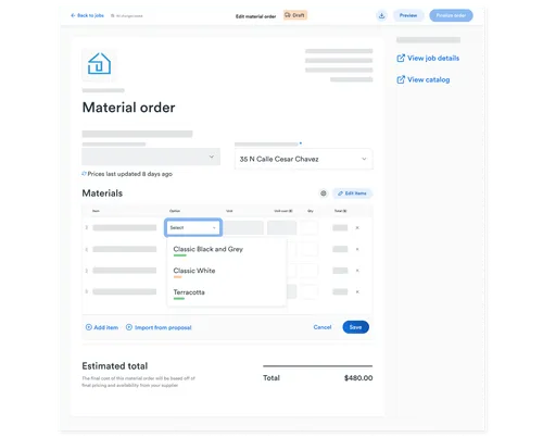 A material order form where users can select roofing materials, specify quantities, and see estimated totals. Dropdown menu includes color options like Classic Black and Grey, Classic White, and Terracotta.