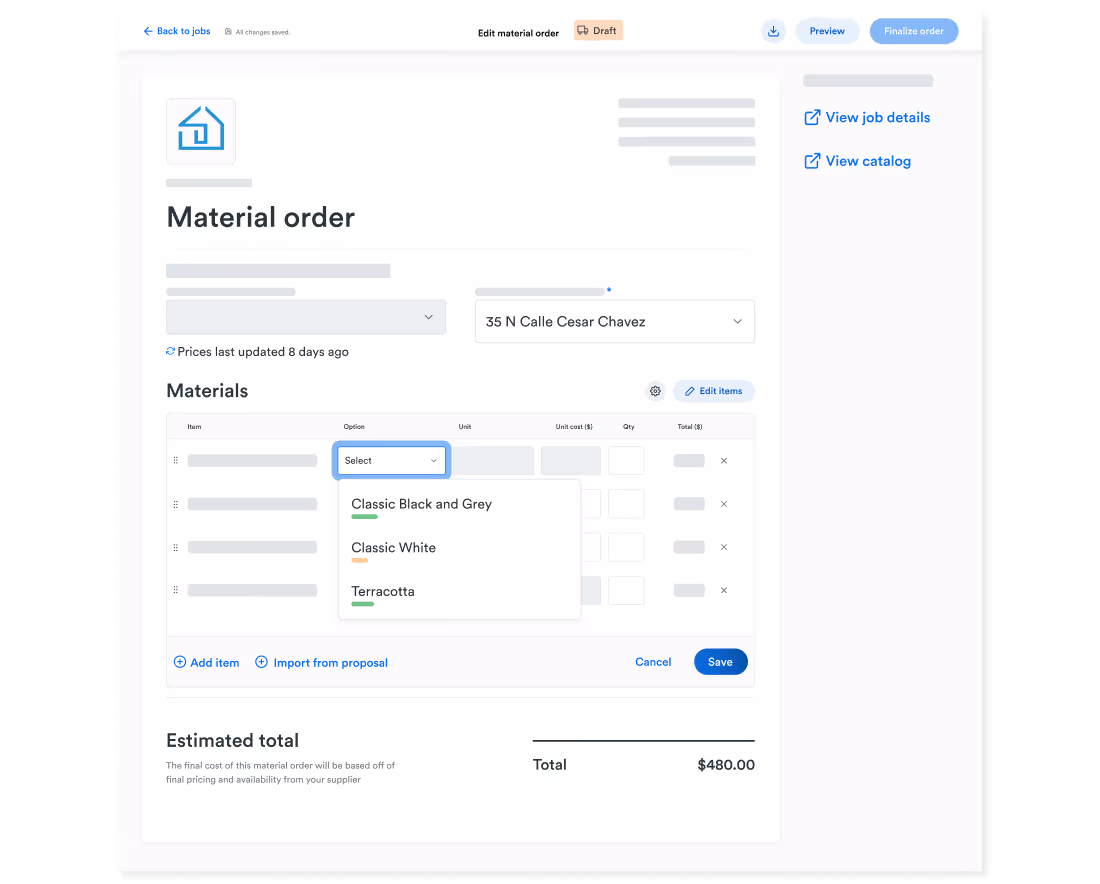 A material order form where users can select roofing materials, specify quantities, and see estimated totals. Dropdown menu includes color options like Classic Black and Grey, Classic White, and Terracotta.