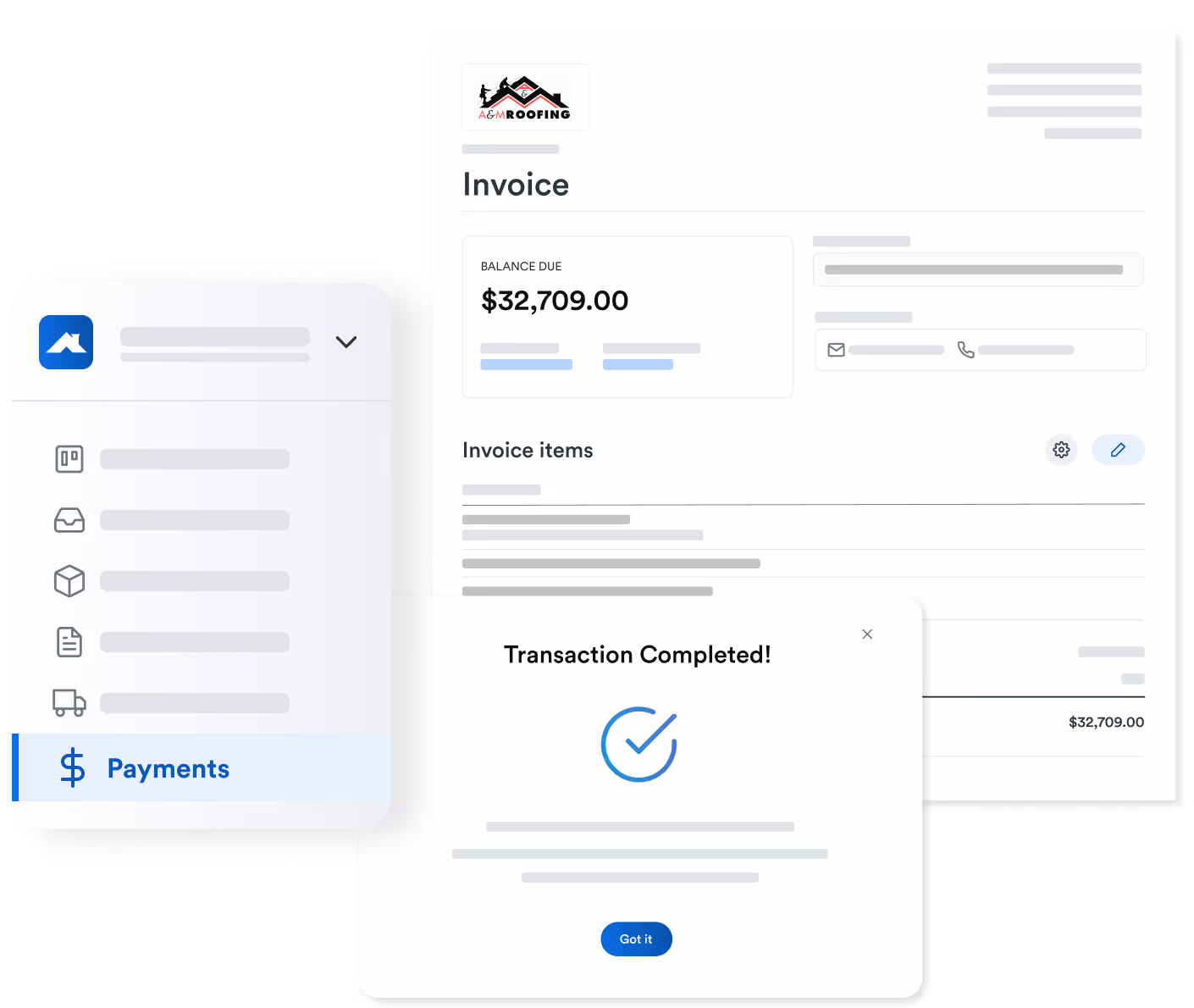 Roofr Payments dashboard showing an invoice for $32,709 with itemized charges, a completed transaction confirmation, and a highlighted navigation tab for Payments.