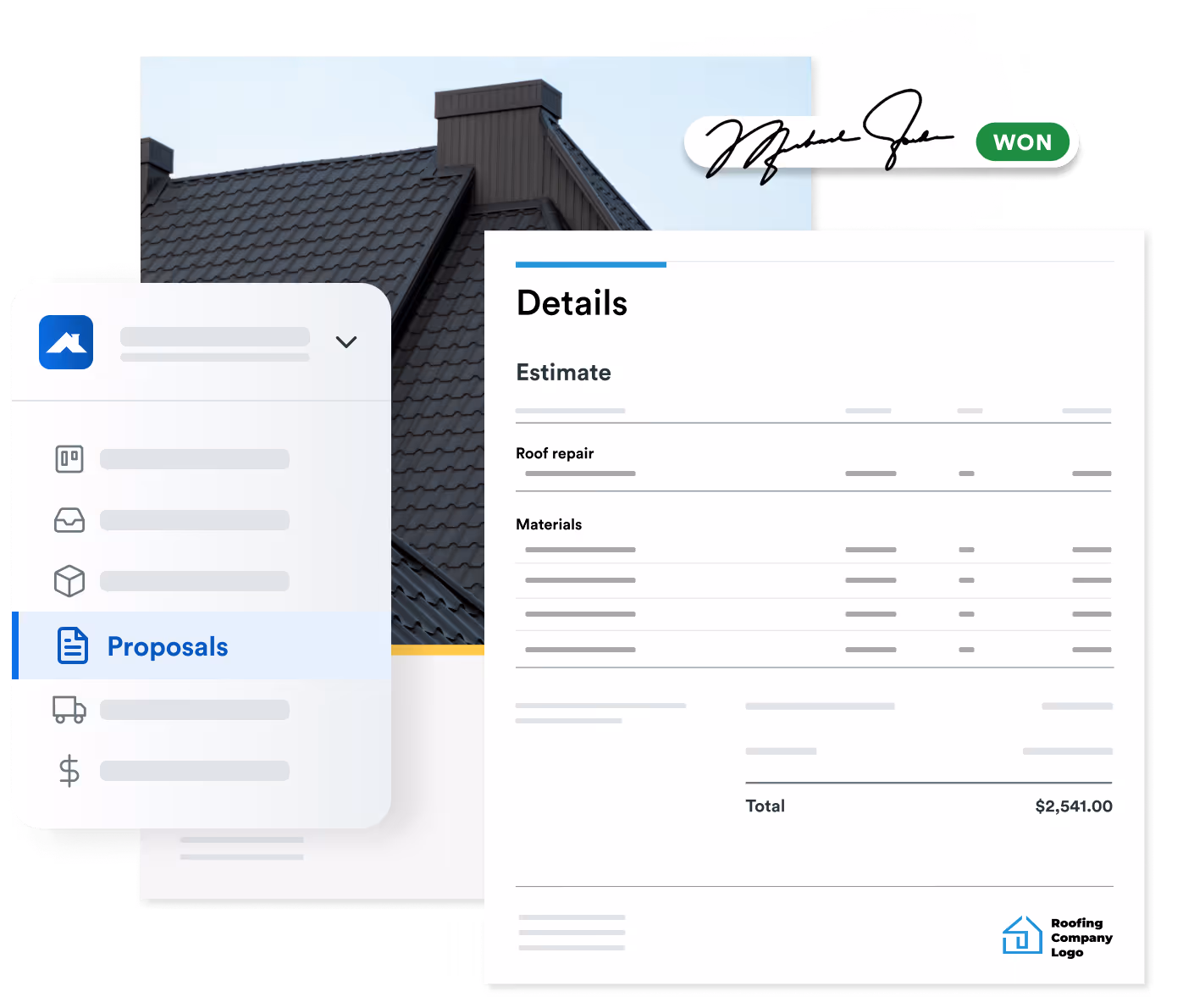 Roofr’s Proposals interface displaying a signed proposal with roof repair and material estimates totaling $2,541. A sidebar highlights the “Proposals” section. A roof image and a “WON” badge accompany the proposal details.