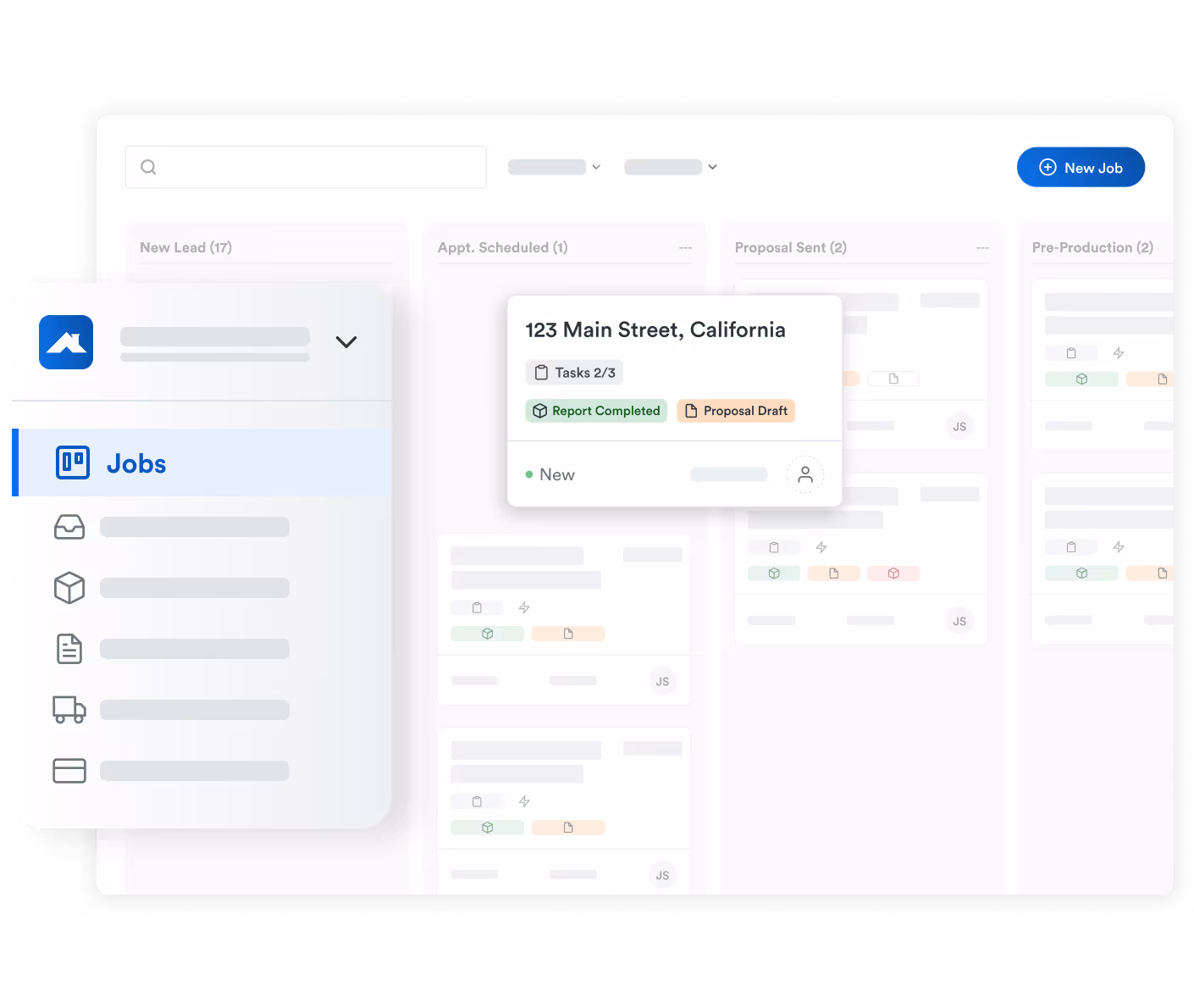 Desktop interface displaying a project management dashboard for roofing jobs. Shows columns like "New Lead," "Appt. Scheduled," and "Proposal Sent," with task progress for a job at 123 Main Street, California.