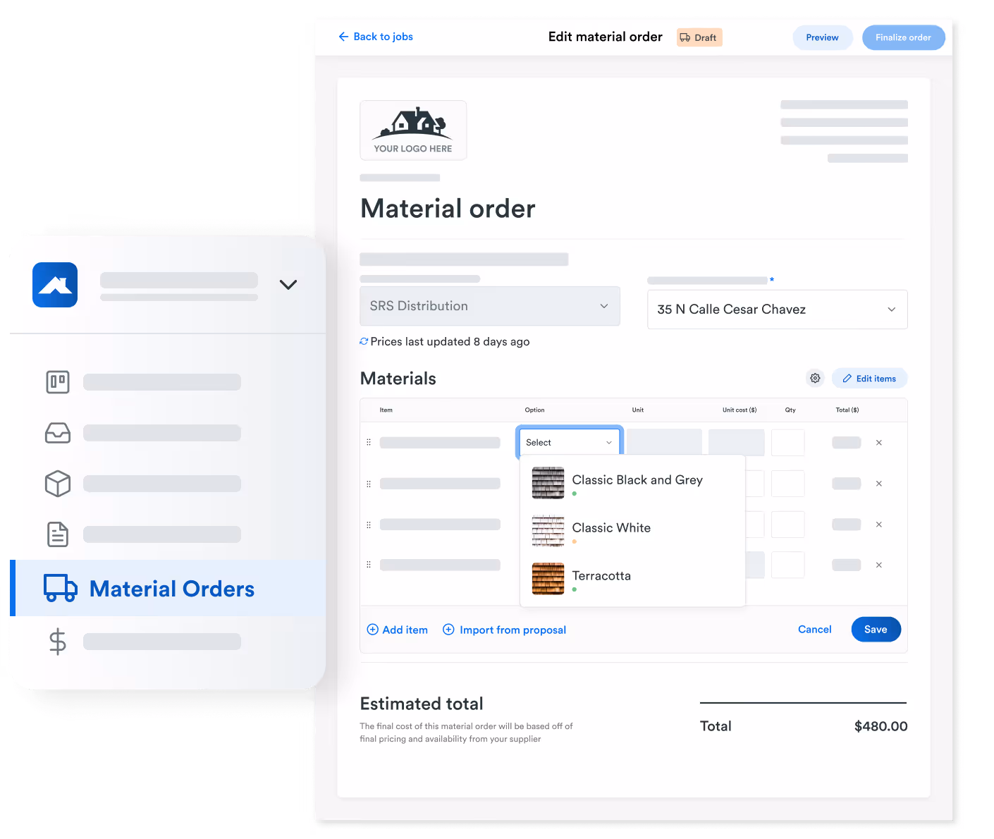 Roofr’s Material Orders interface showing a form to edit a material order. It includes supplier selection, a dropdown menu for material options like Classic Black and Grey, Classic White, and Terracotta, and a cost summary with a total of $480. A sidebar menu highlights “Material Orders.”