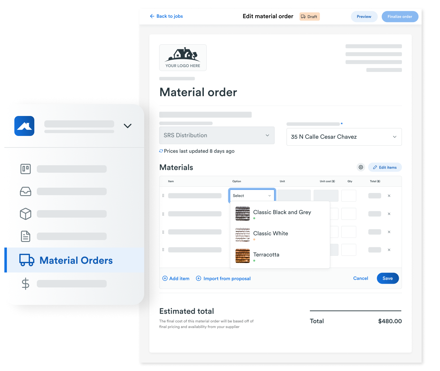 Roofr’s Material Orders interface showing a form to edit a material order. It includes supplier selection, a dropdown menu for material options like Classic Black and Grey, Classic White, and Terracotta, and a cost summary with a total of $480. A sidebar menu highlights “Material Orders.”