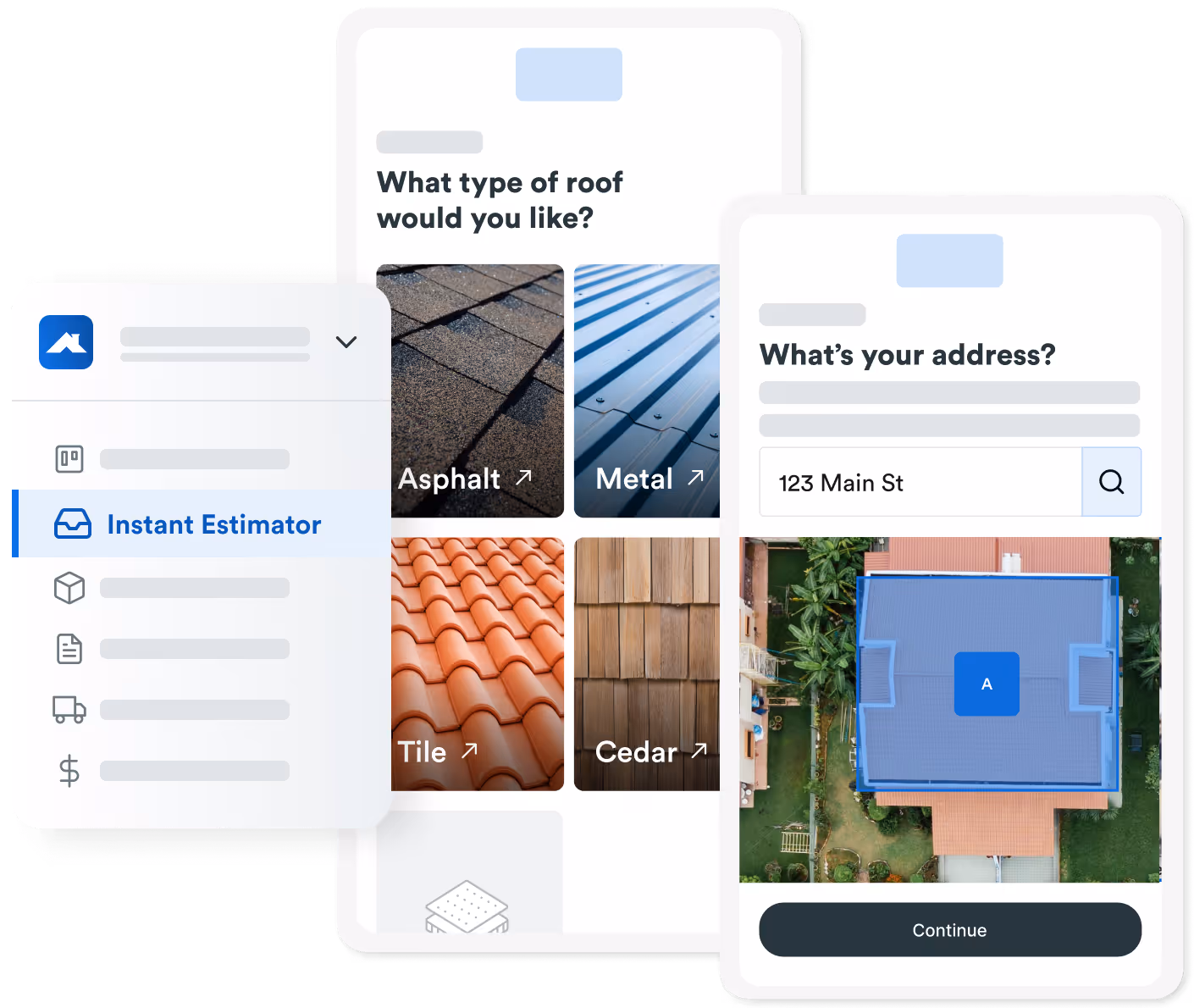 Mobile interface showing a roofing estimator tool. Users can select roof types like Asphalt, Metal, Tile, or Cedar, and enter their address to get a visual estimate with aerial imagery of their roof.