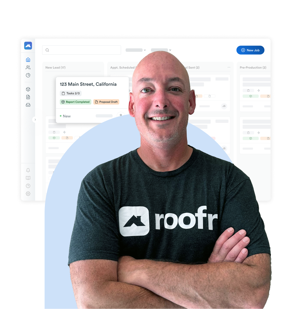 Smiling Roofr team member in a Roofr t-shirt standing confidently with arms crossed, in front of the Roofr platform interface.