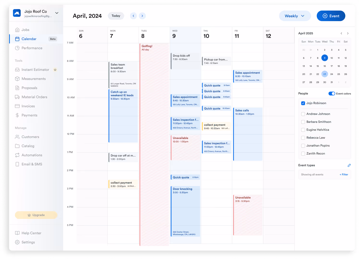 creenshot of Roofr’s calendar tool showing a weekly schedule view with sales appointments, inspections, and payment collection tasks.
