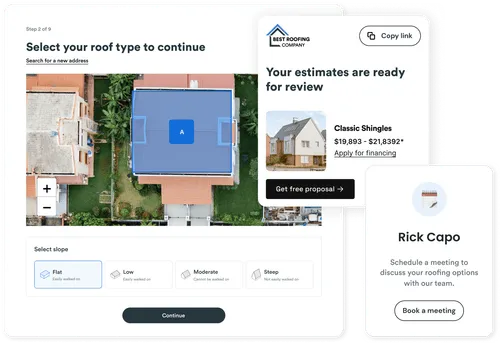 Screenshot of Roofr’s Instant Estimator tool with an aerial roof image, slope selection options, and an estimate ready for review.