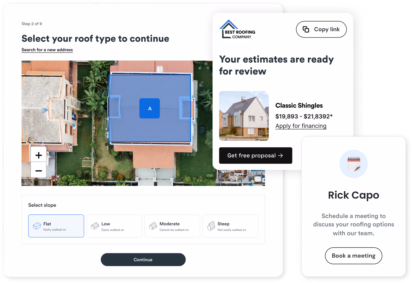 Screenshot of Roofr’s Instant Estimator tool with an aerial roof image, slope selection options, and an estimate ready for review.