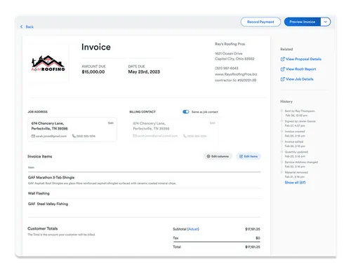 Screenshot of Roofr’s invoicing tool showing an invoice with job address, billing contact, itemized charges, and payment status.