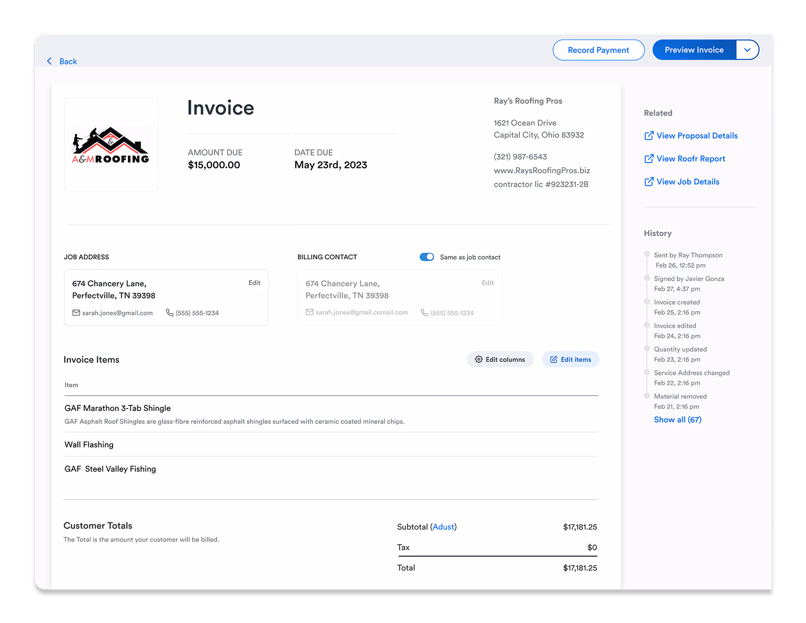 Screenshot of Roofr’s invoicing tool showing an invoice with job address, billing contact, itemized charges, and payment status.