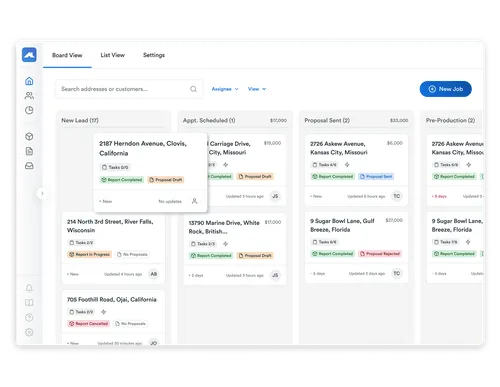 Screenshot of Roofr’s CRM board view displaying new leads, scheduled appointments, sent proposals, and pre-production jobs in a kanban layout.