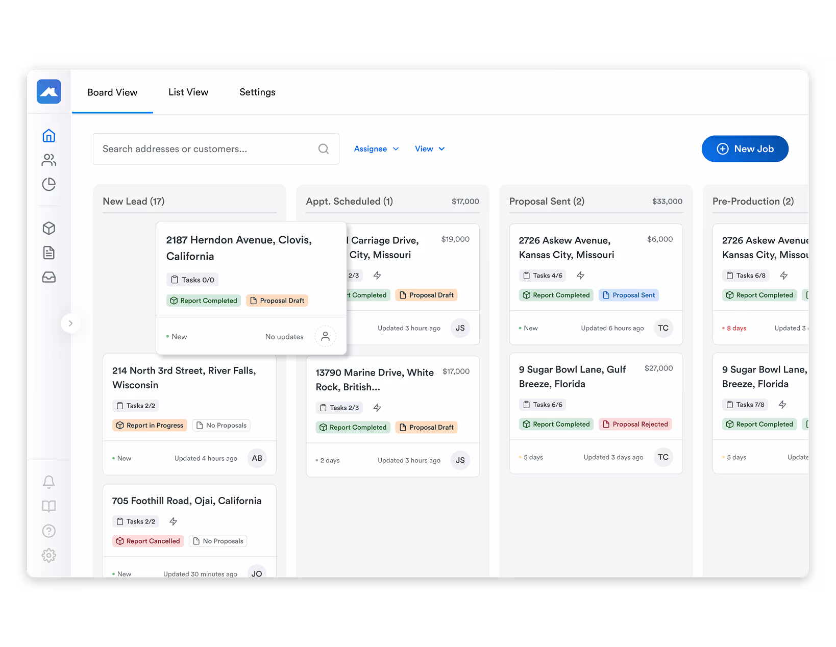 Screenshot of Roofr’s CRM board view displaying new leads, scheduled appointments, sent proposals, and pre-production jobs in a kanban layout.