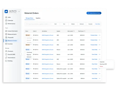 Screenshot of Roofr’s invoicing tool showing an invoice with job address, billing contact, itemized charges, and payment status.