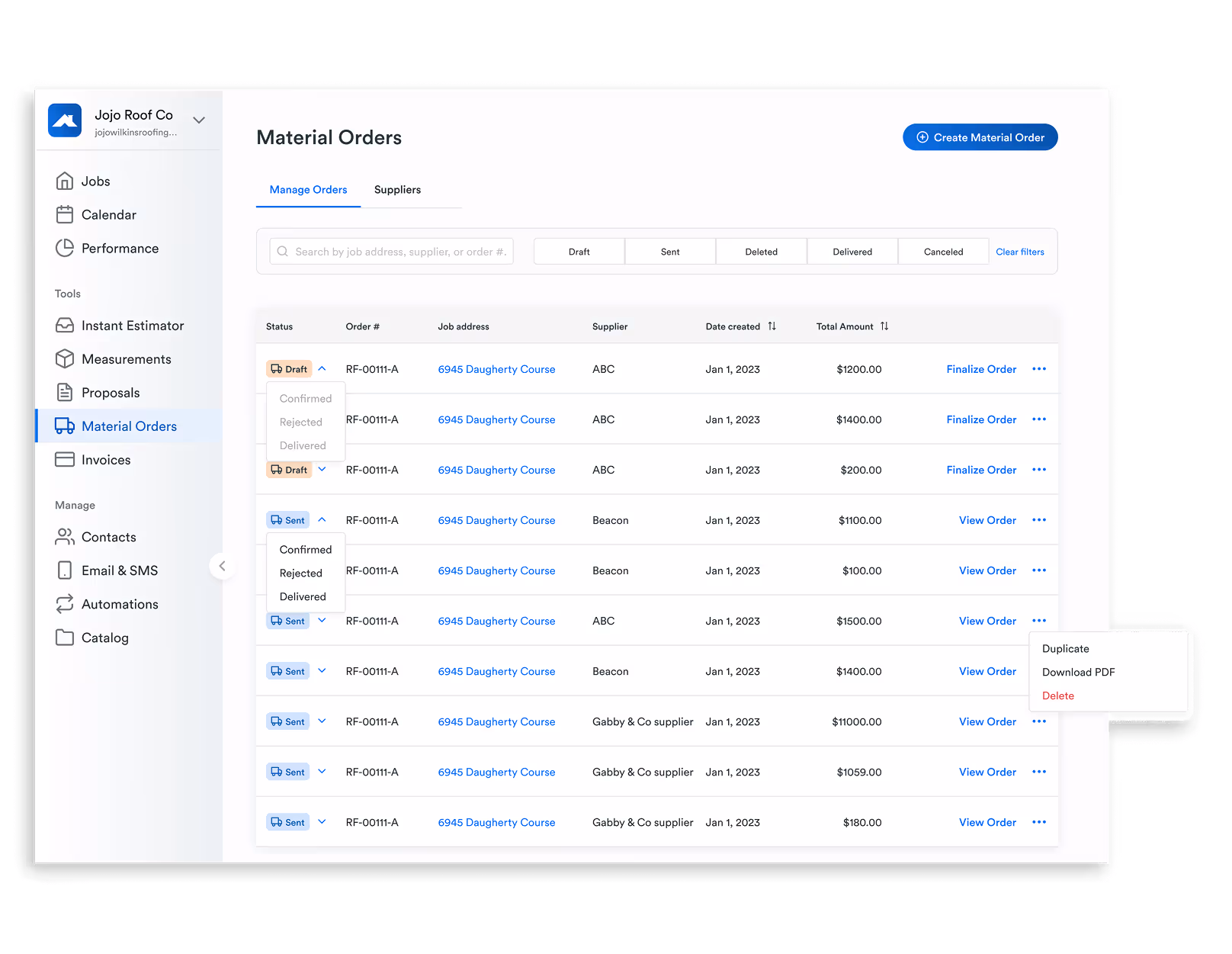 Screenshot of Roofr’s invoicing tool showing an invoice with job address, billing contact, itemized charges, and payment status.