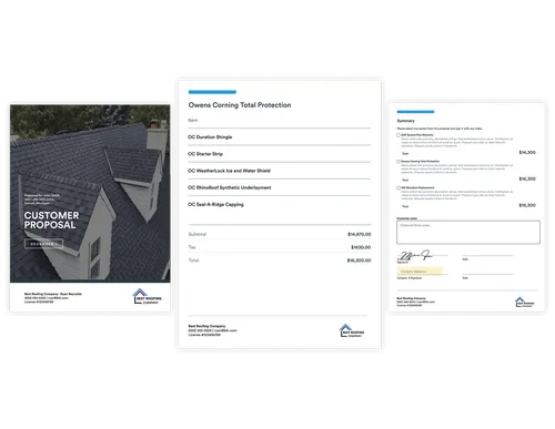 Screenshot of Roofr’s proposal tool showing a customer proposal PDF with shingle options, pricing, and signature fields.