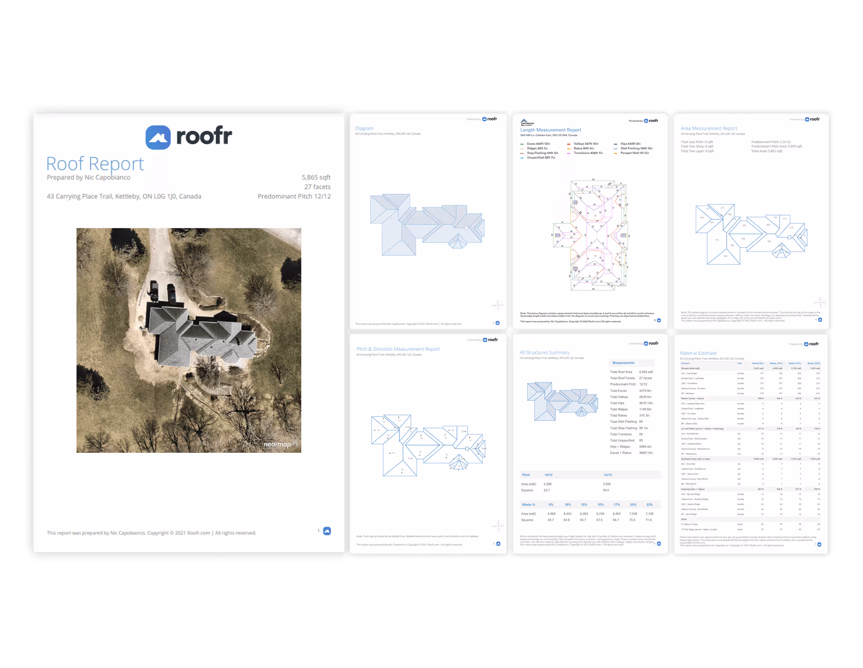 Screenshot of Roofr’s measurement reports interface listing multiple material orders with statuses and order details.
