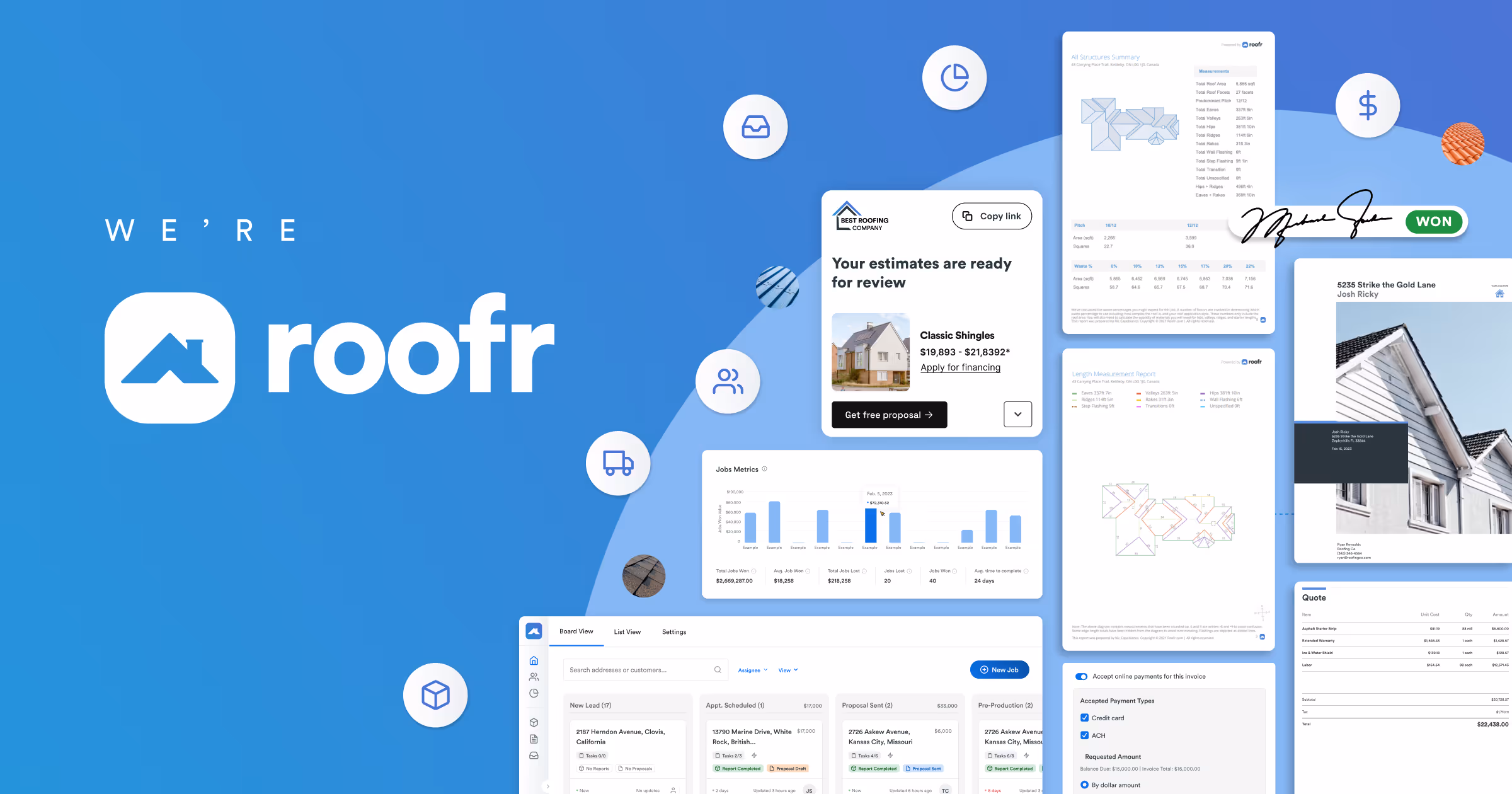 Roofr branded graphic showing the Roofr logo on a blue gradient background with floating icons and screenshots of the platform, including proposals, measurement reports, job metrics, CRM board view, online payment setup, and a roofing estimate.
