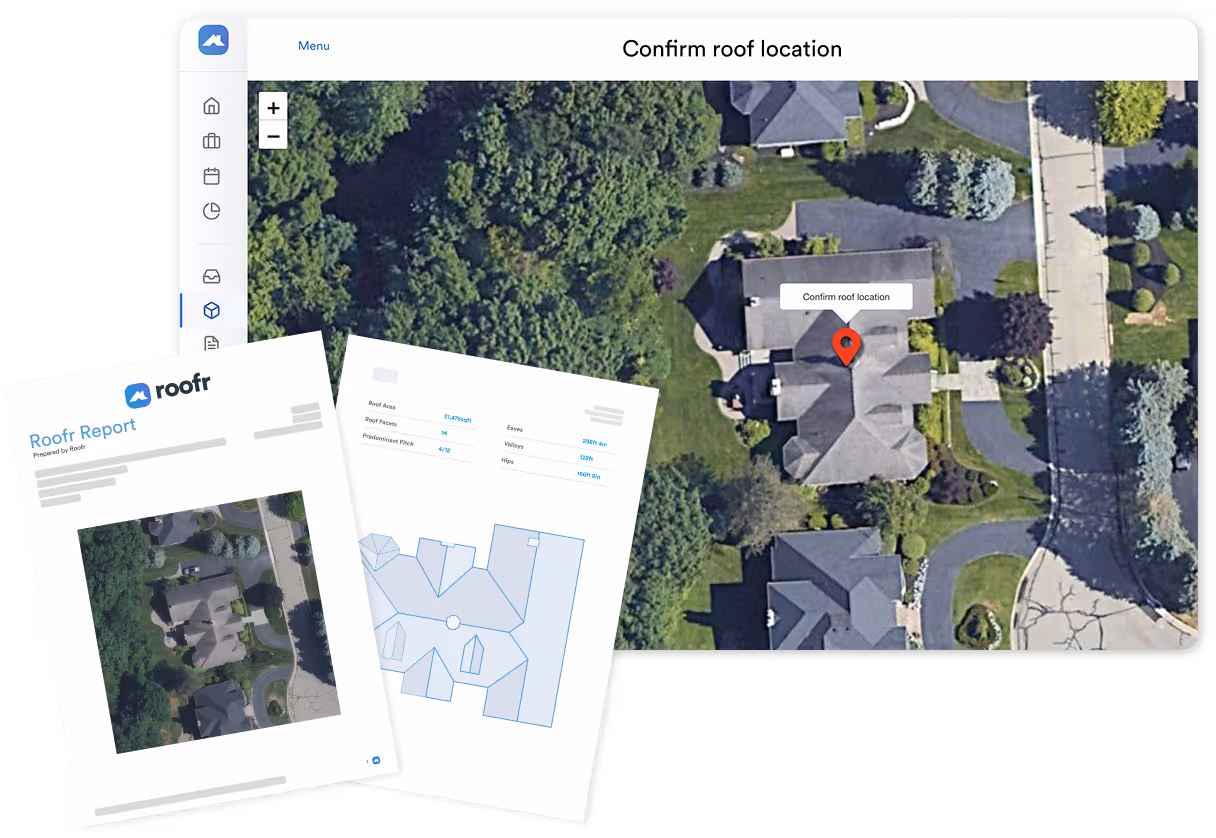 Aerial map with a pin labeled ‘Confirm roof location’ and two Roofr measurement reports overlaid.