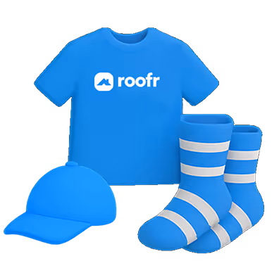 Roofr-branded T-shirt, hat, and striped socks.
