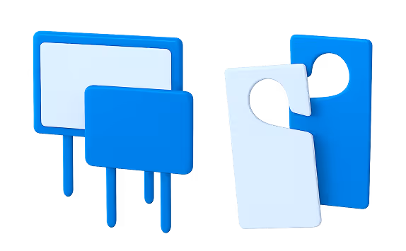 Blue yard signs and door hanger mockups.