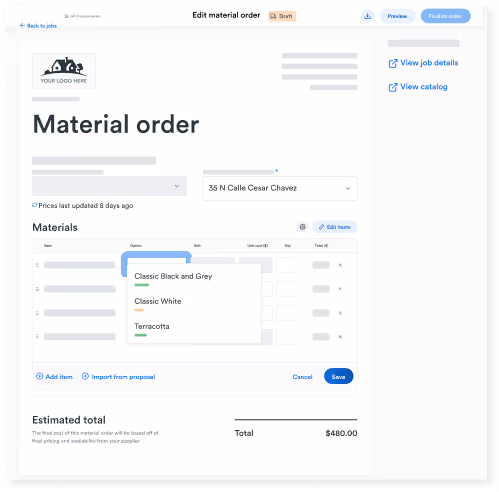 Roofr Material Ordering sample report.