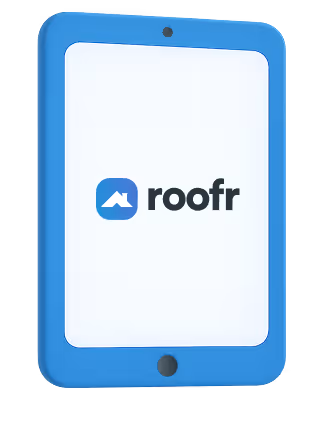 Blue iPad mockup with the Roofr logo.