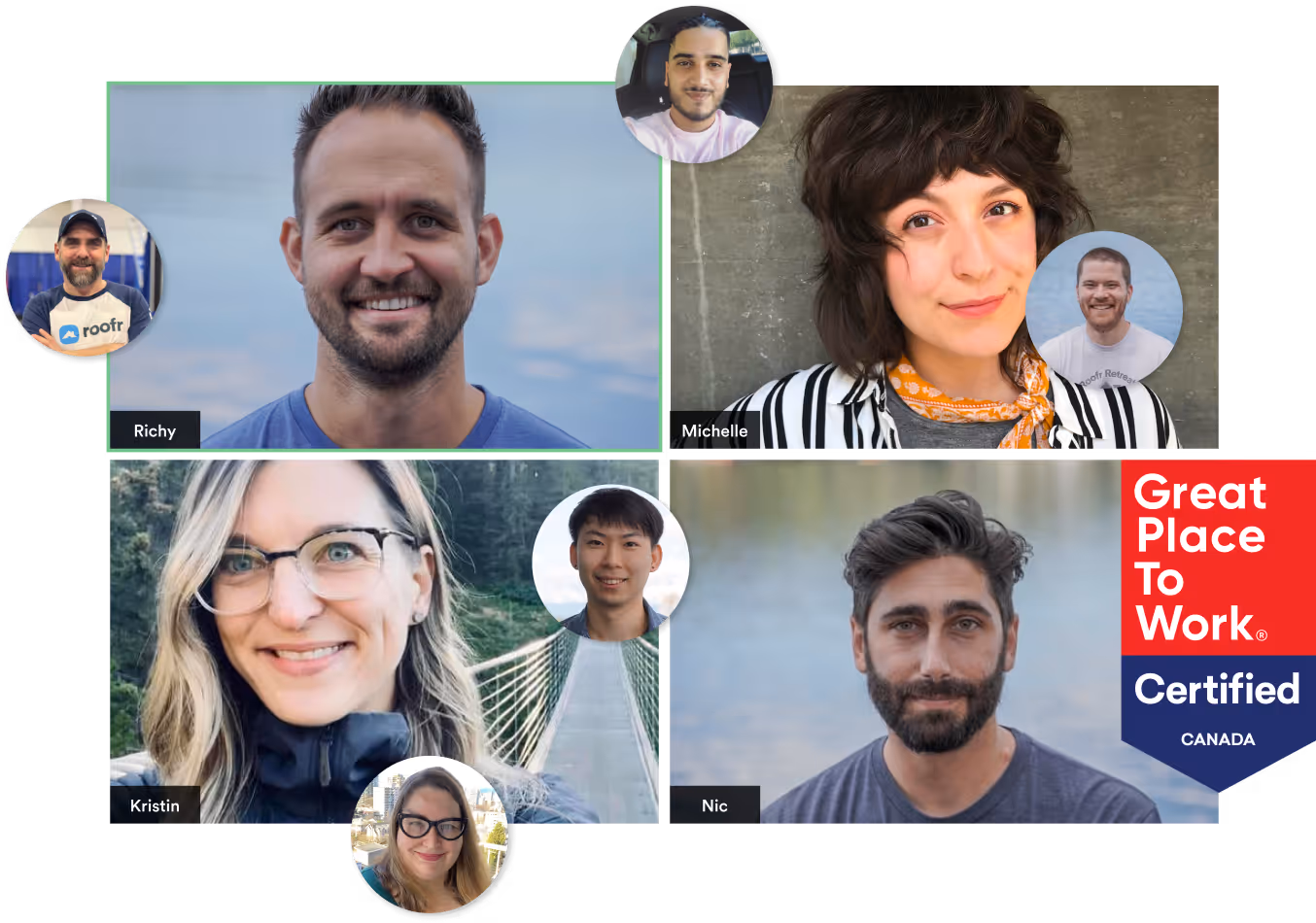 Collage of Roofr team members with circular headshots and a ‘Great Place To Work Certified Canada’ badge.