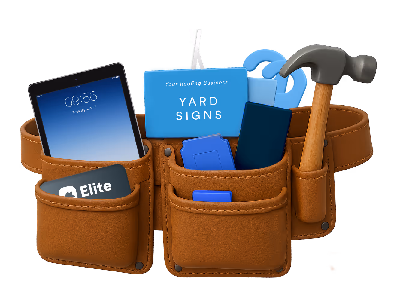 Leather tool belt filled with iPad, yard signs, cards, and a hammer.
