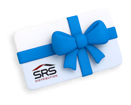 SRS Distribution gift card with a blue ribbon and bow.