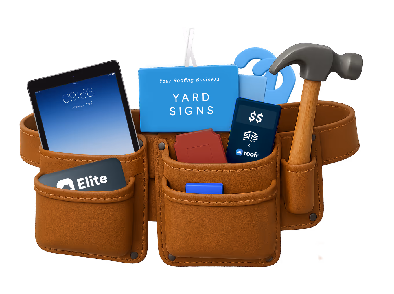 Tool belt of giveaway items featuring an SRS-branded payment card reader.
